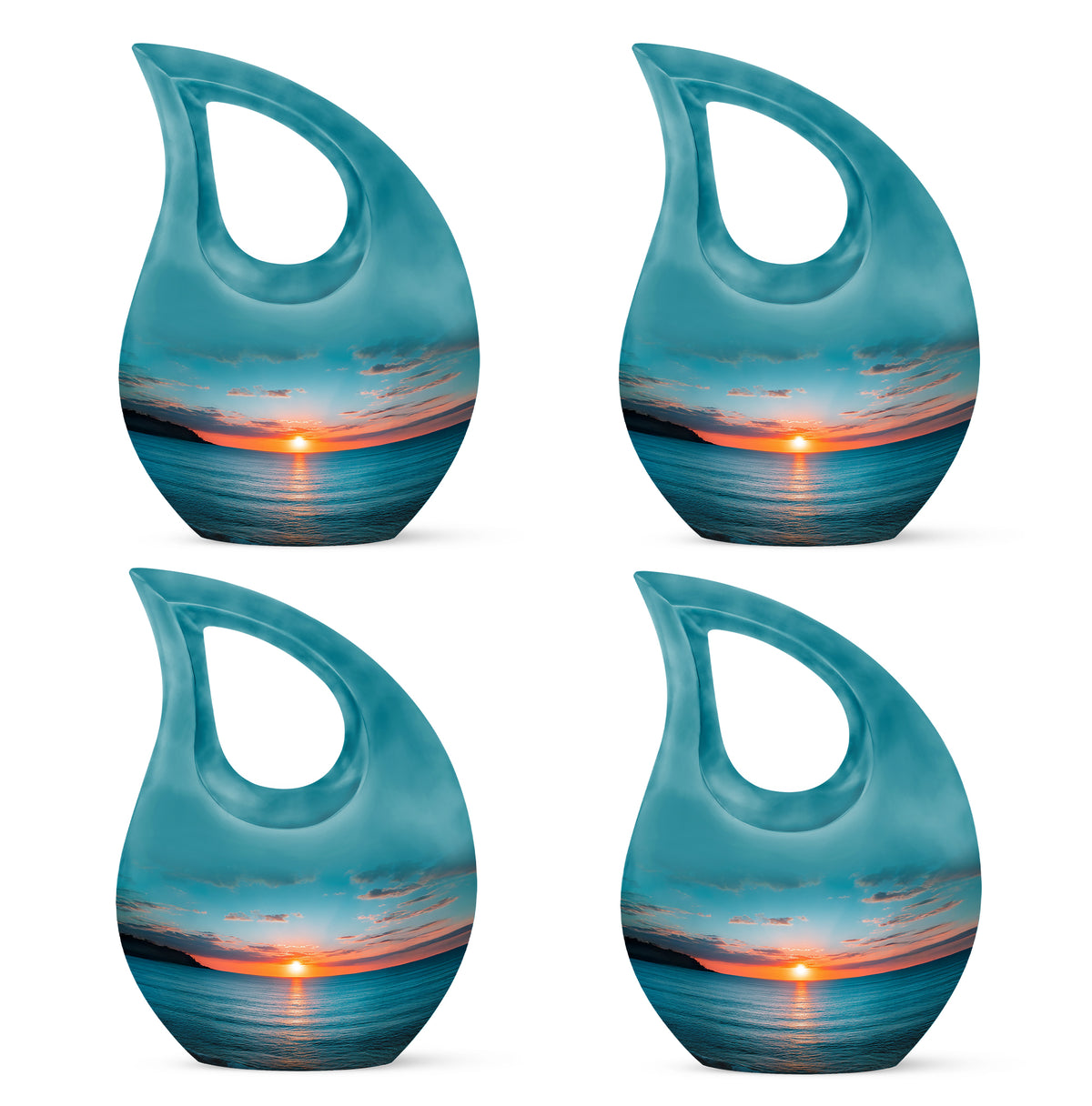 Cool Teal Beach Cremation Urn lifestyle display on memorial shelf - sacred cross merged with beach motif on metal - 10 inch aluminum urn for cremated remains