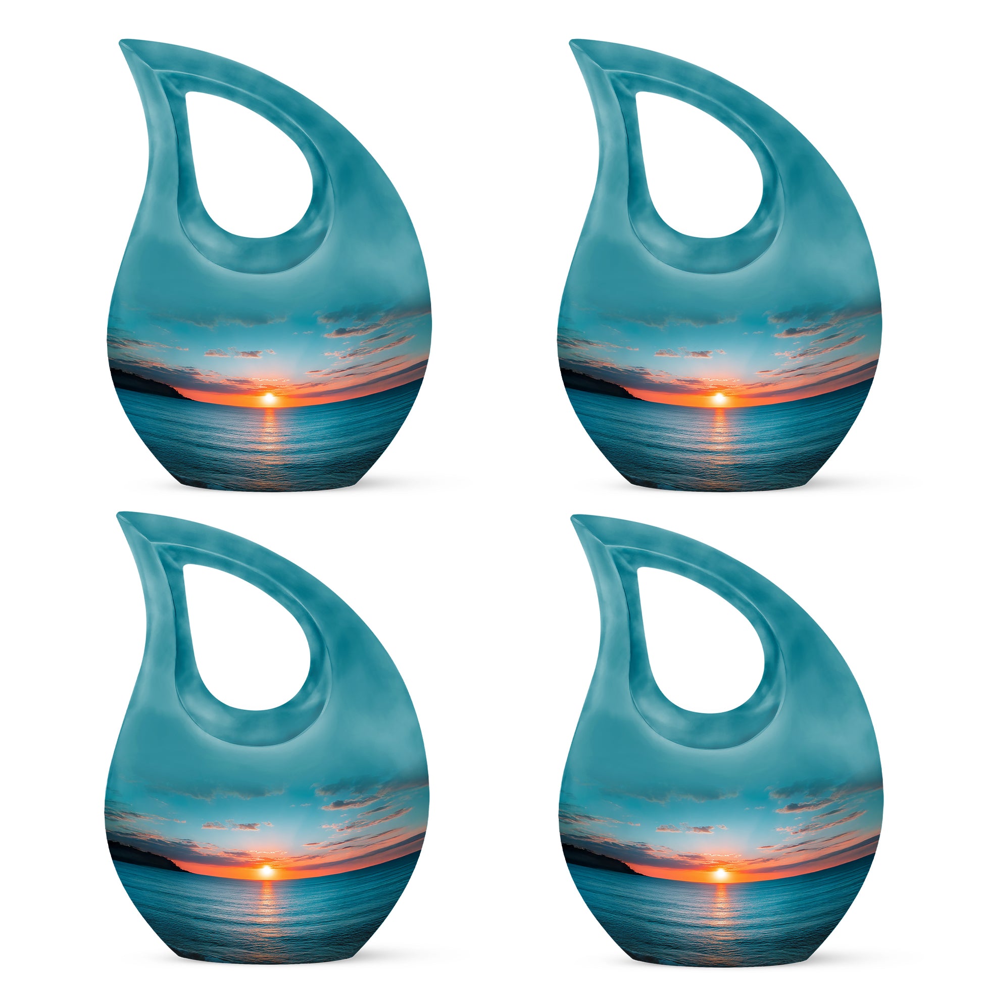 Cool Teal Beach Cremation Urn lifestyle display on memorial shelf - sacred cross merged with beach motif on metal - 10 inch aluminum urn for cremated remains