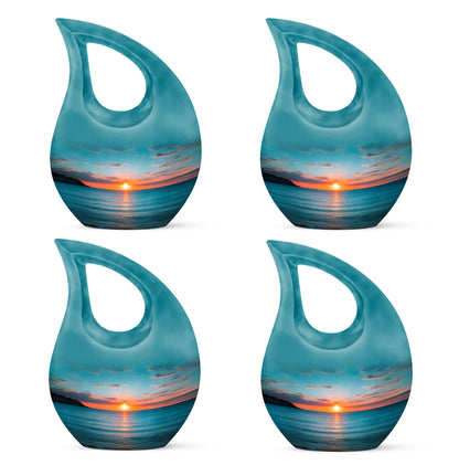 Cool Teal Beach Cremation Urn lifestyle display on memorial shelf - sacred cross merged with beach motif on metal - 10 inch aluminum urn for cremated remains