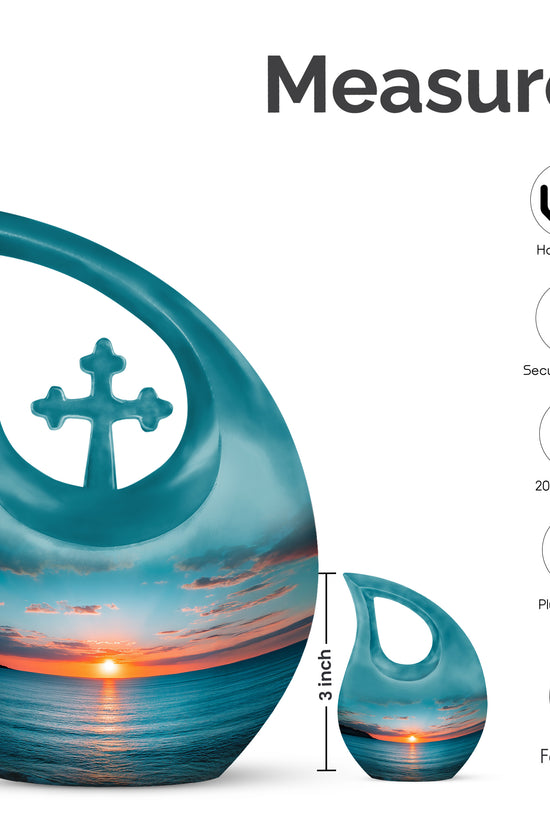 Sea Green Teal Beach Cremation Urn back view with polished surface - sacred cross merged with beach motif on metal - mini keepsake memorial for portion of cremation ashes