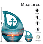 Sea Green Teal Beach Cremation Urn back view with polished surface - sacred cross merged with beach motif on metal - mini keepsake memorial for portion of cremation ashes