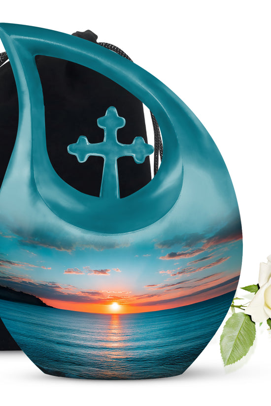 Aqua Teal Beach Cremation Urn top-down view of secure threaded lid - devotional cross-drop beach engraving - full-size 10 inch 200 cubic inch adult cremation urn