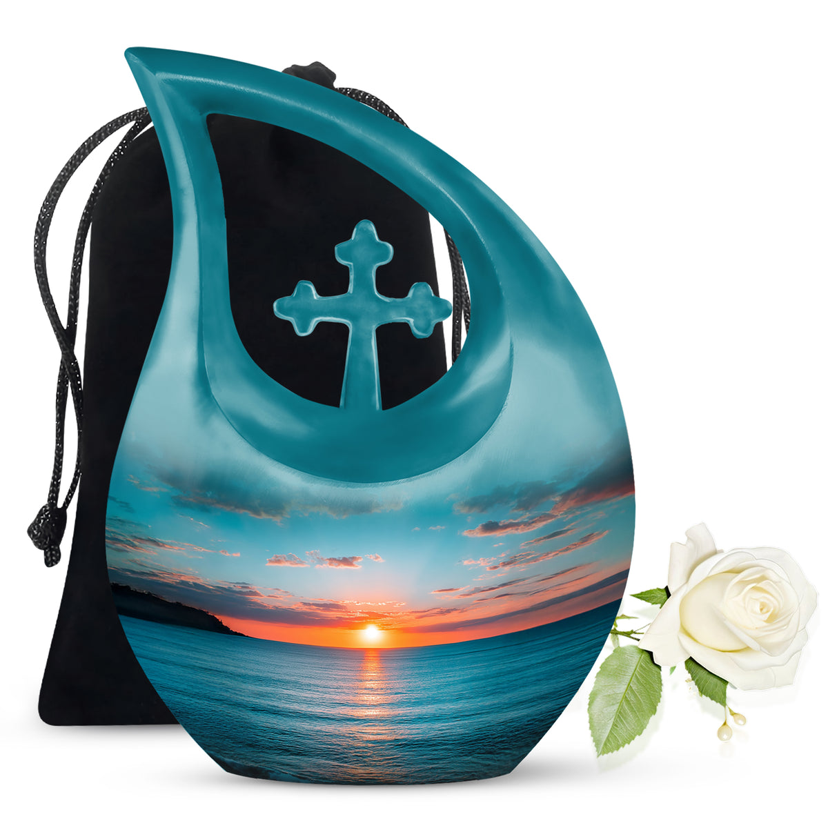 Aqua Teal Beach Cremation Urn top-down view of secure threaded lid - devotional cross-drop beach engraving - full-size 10 inch 200 cubic inch adult cremation urn