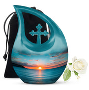 Aqua Teal Beach Cremation Urn top-down view of secure threaded lid - devotional cross-drop beach engraving - full-size 10 inch 200 cubic inch adult cremation urn