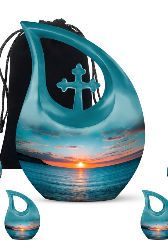 Vivid Teal Beach Cremation Urn urn with complimentary velvet bag - faith-inspired cross-drop urn with beach pattern - memorial set with one large and four small urns