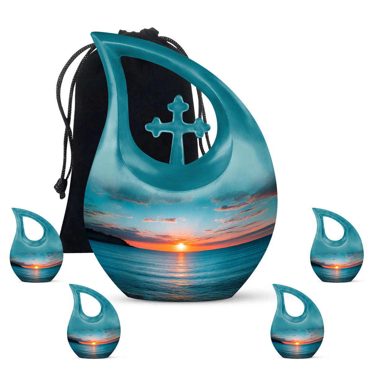 Vivid Teal Beach Cremation Urn urn with complimentary velvet bag - faith-inspired cross-drop urn with beach pattern - memorial set with one large and four small urns