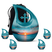 Vivid Teal Beach Cremation Urn urn with complimentary velvet bag - faith-inspired cross-drop urn with beach pattern - memorial set with one large and four small urns