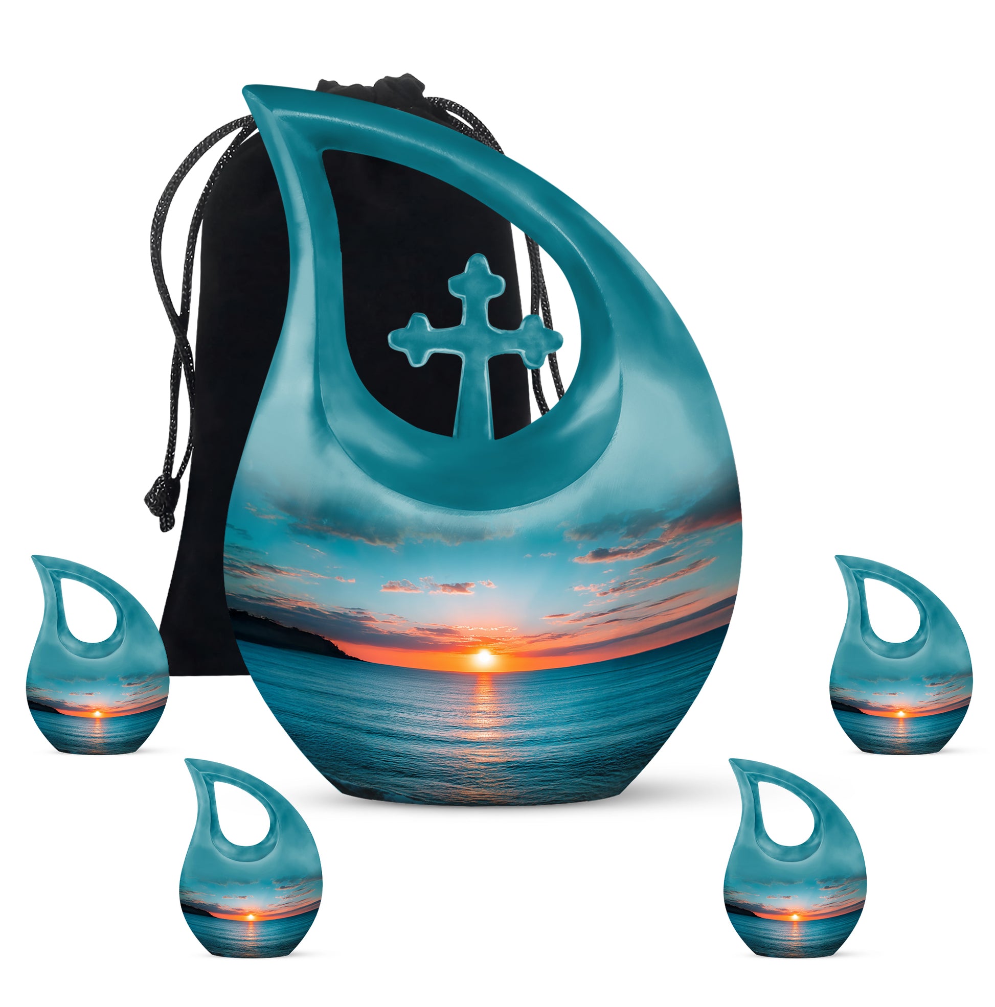 Vivid Teal Beach Cremation Urn urn with complimentary velvet bag - faith-inspired cross-drop urn with beach pattern - memorial set with one large and four small urns