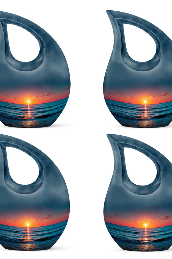 Pastel Blue Beach Cremation Urn lifestyle display on memorial shelf - cross and beach combined in spiritual memorial design - 10 inch aluminum urn for cremated remains