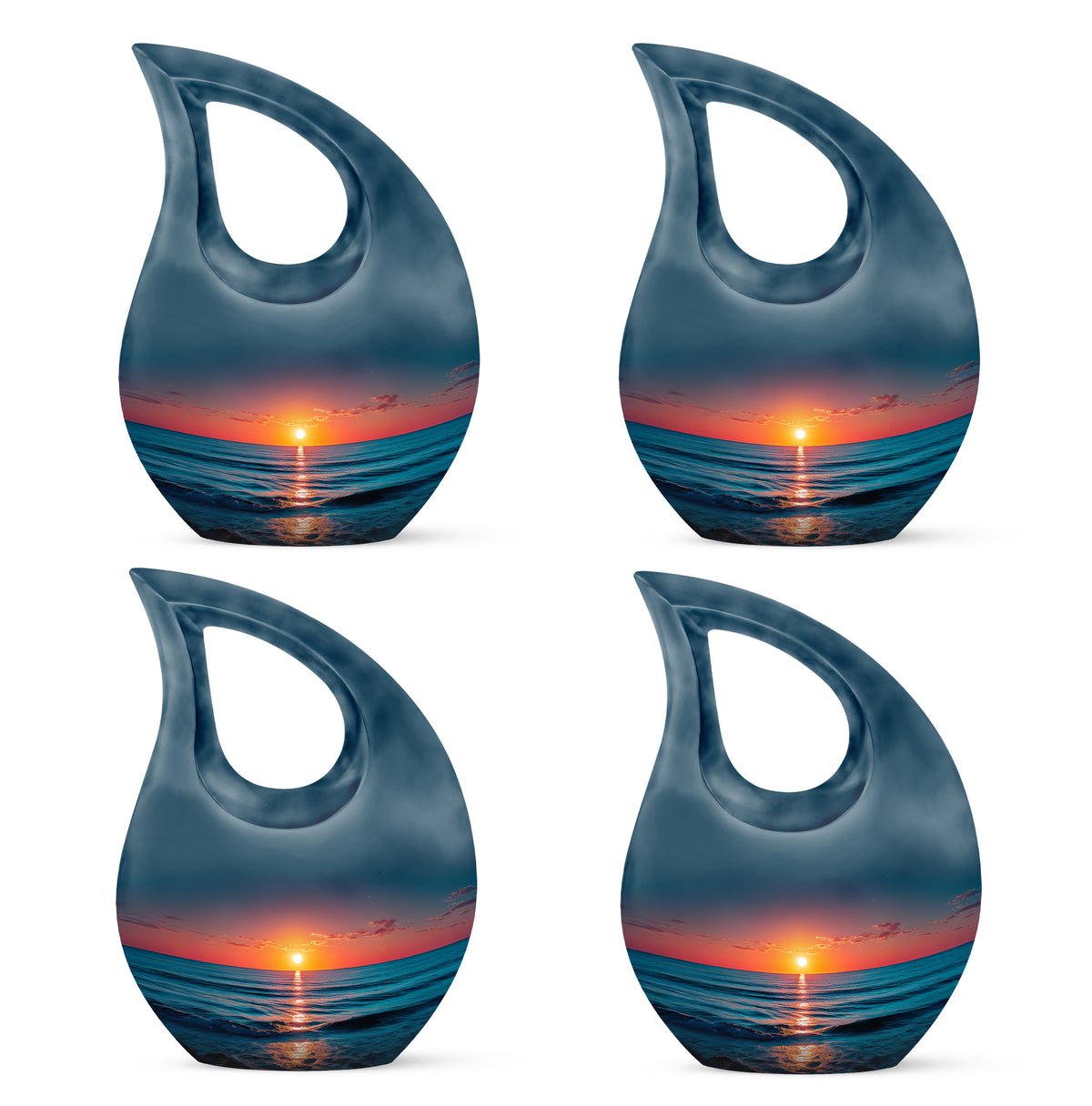 Pastel Blue Beach Cremation Urn lifestyle display on memorial shelf - cross and beach combined in spiritual memorial design - 10 inch aluminum urn for cremated remains