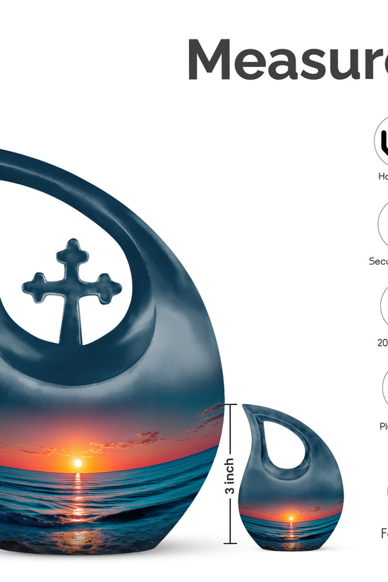 Steel Blue Beach Cremation Urn back view with polished surface - faith-inspired cross-drop urn with beach pattern - mini keepsake memorial for portion of cremation ashes