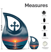 Steel Blue Beach Cremation Urn back view with polished surface - faith-inspired cross-drop urn with beach pattern - mini keepsake memorial for portion of cremation ashes