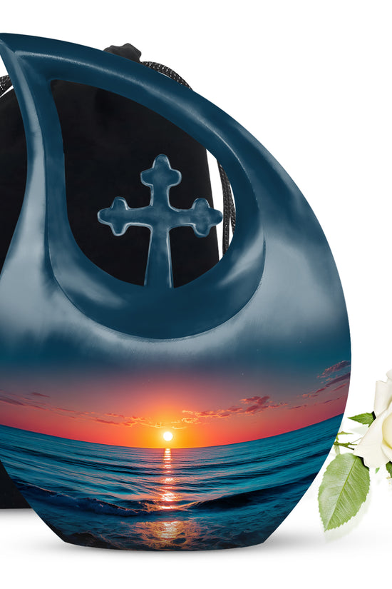 Navy Blue Beach Cremation Urn top-down view of secure threaded lid - sacred cross merged with beach motif on metal - full-size 10 inch 200 cubic inch adult cremation urn