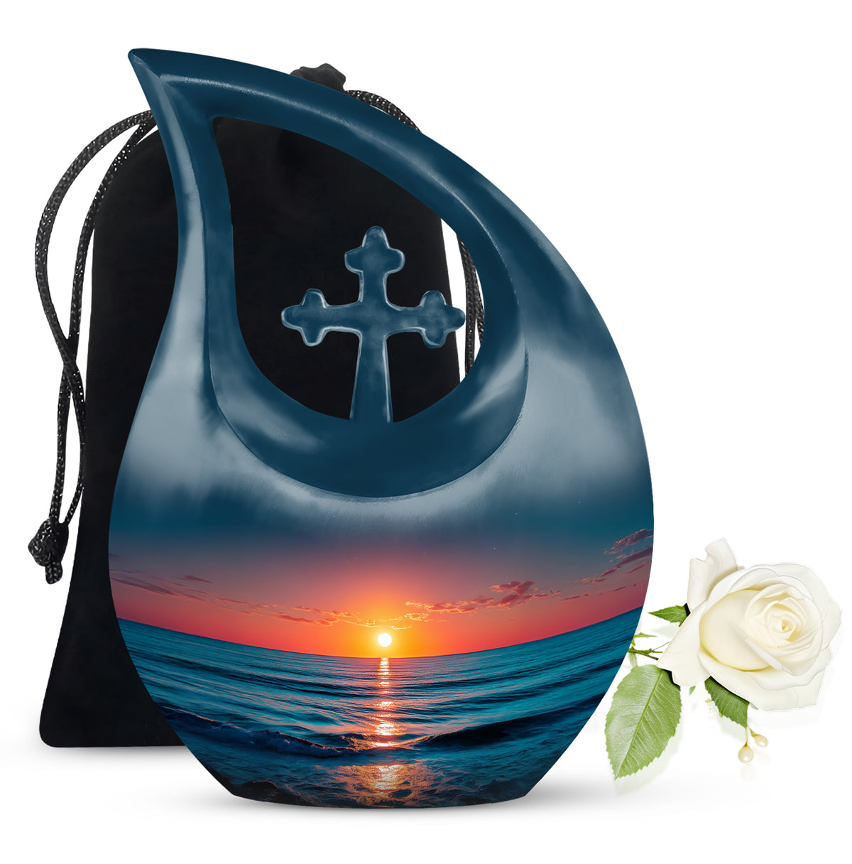 Navy Blue Beach Cremation Urn top-down view of secure threaded lid - sacred cross merged with beach motif on metal - full-size 10 inch 200 cubic inch adult cremation urn