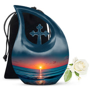 Navy Blue Beach Cremation Urn top-down view of secure threaded lid - sacred cross merged with beach motif on metal - full-size 10 inch 200 cubic inch adult cremation urn
