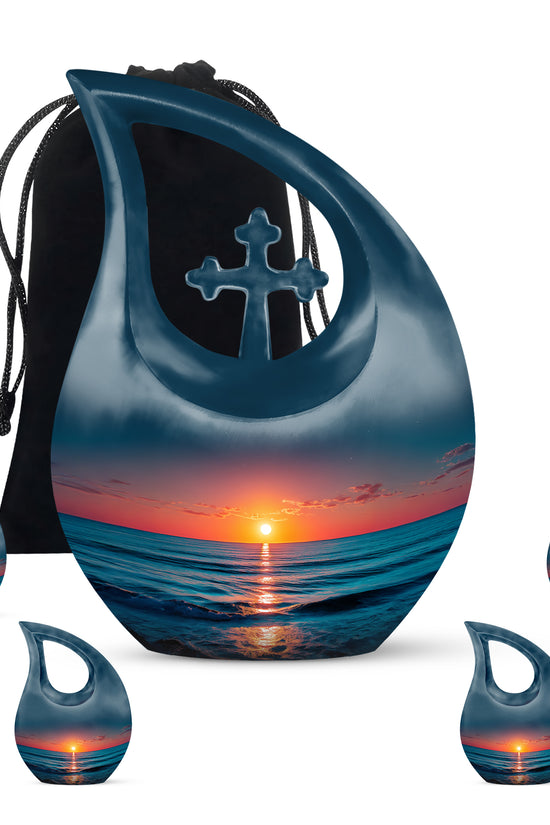 Vivid Blue Beach Cremation Urn urn with complimentary velvet bag - faith-inspired cross-drop urn with beach pattern - memorial set with one large and four small urns