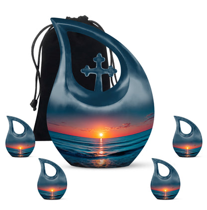 Vivid Blue Beach Cremation Urn urn with complimentary velvet bag - faith-inspired cross-drop urn with beach pattern - memorial set with one large and four small urns