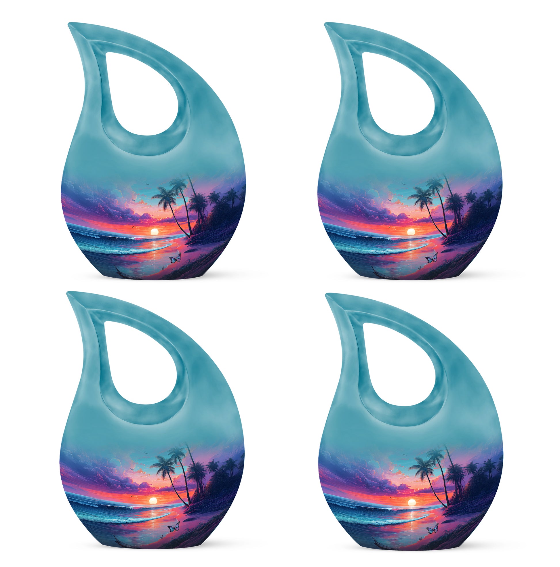 Steel Blue Beach Cremation Urn lifestyle display on memorial shelf - devotional cross-drop beach engraving - 10 inch aluminum urn for cremated remains