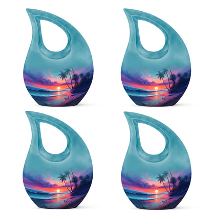 Steel Blue Beach Cremation Urn lifestyle display on memorial shelf - devotional cross-drop beach engraving - 10 inch aluminum urn for cremated remains