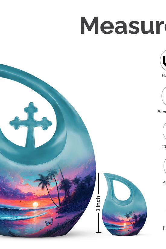 Serene Blue Beach Cremation Urn back view with polished surface - devotional cross-drop beach engraving - mini keepsake memorial for portion of cremation ashes