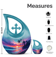 Serene Blue Beach Cremation Urn back view with polished surface - devotional cross-drop beach engraving - mini keepsake memorial for portion of cremation ashes