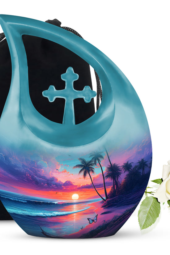 Misty Blue Beach Cremation Urn top-down view of secure threaded lid - sacred cross merged with beach motif on metal - full-size 10 inch 200 cubic inch adult cremation urn