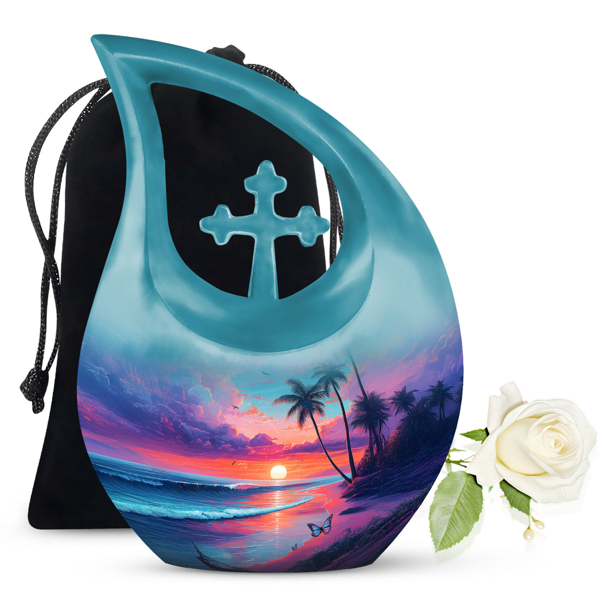 Misty Blue Beach Cremation Urn top-down view of secure threaded lid - sacred cross merged with beach motif on metal - full-size 10 inch 200 cubic inch adult cremation urn