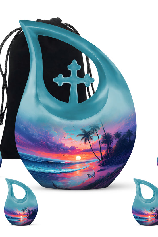 Royal Blue Beach Cremation Urn urn with complimentary velvet bag - faith-inspired cross-drop urn with beach pattern - memorial set with one large and four small urns