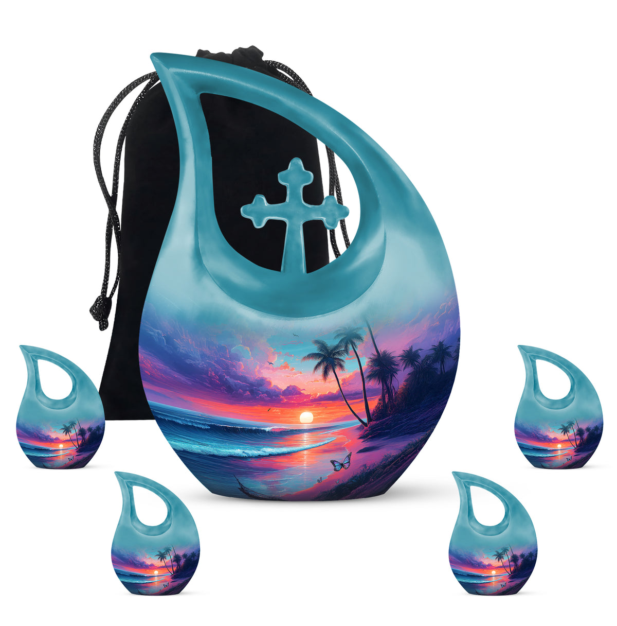 Royal Blue Beach Cremation Urn urn with complimentary velvet bag - faith-inspired cross-drop urn with beach pattern - memorial set with one large and four small urns