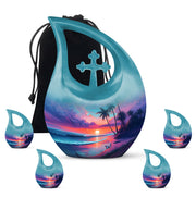 Royal Blue Beach Cremation Urn urn with complimentary velvet bag - faith-inspired cross-drop urn with beach pattern - memorial set with one large and four small urns