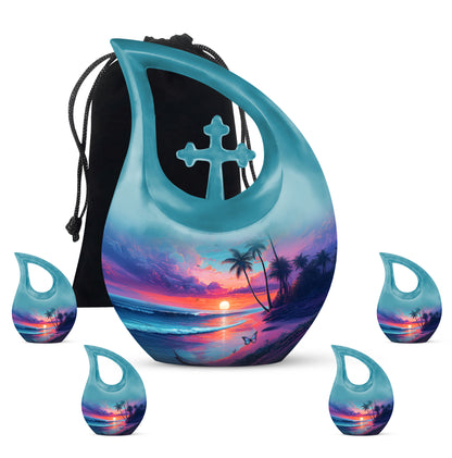 Royal Blue Beach Cremation Urn urn with complimentary velvet bag - faith-inspired cross-drop urn with beach pattern - memorial set with one large and four small urns