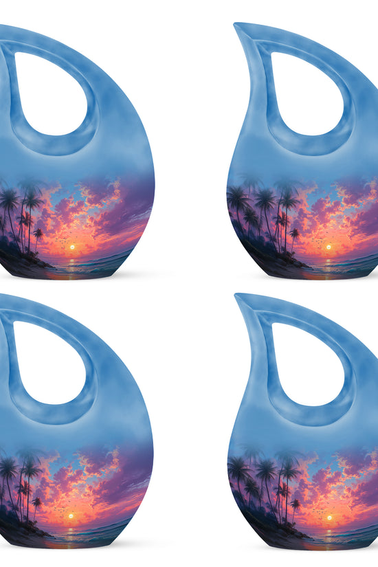 Vivid Blue Beach Cremation Urn lifestyle display on memorial shelf - faith-inspired cross-drop urn with beach pattern - 10 inch aluminum urn for cremated remains