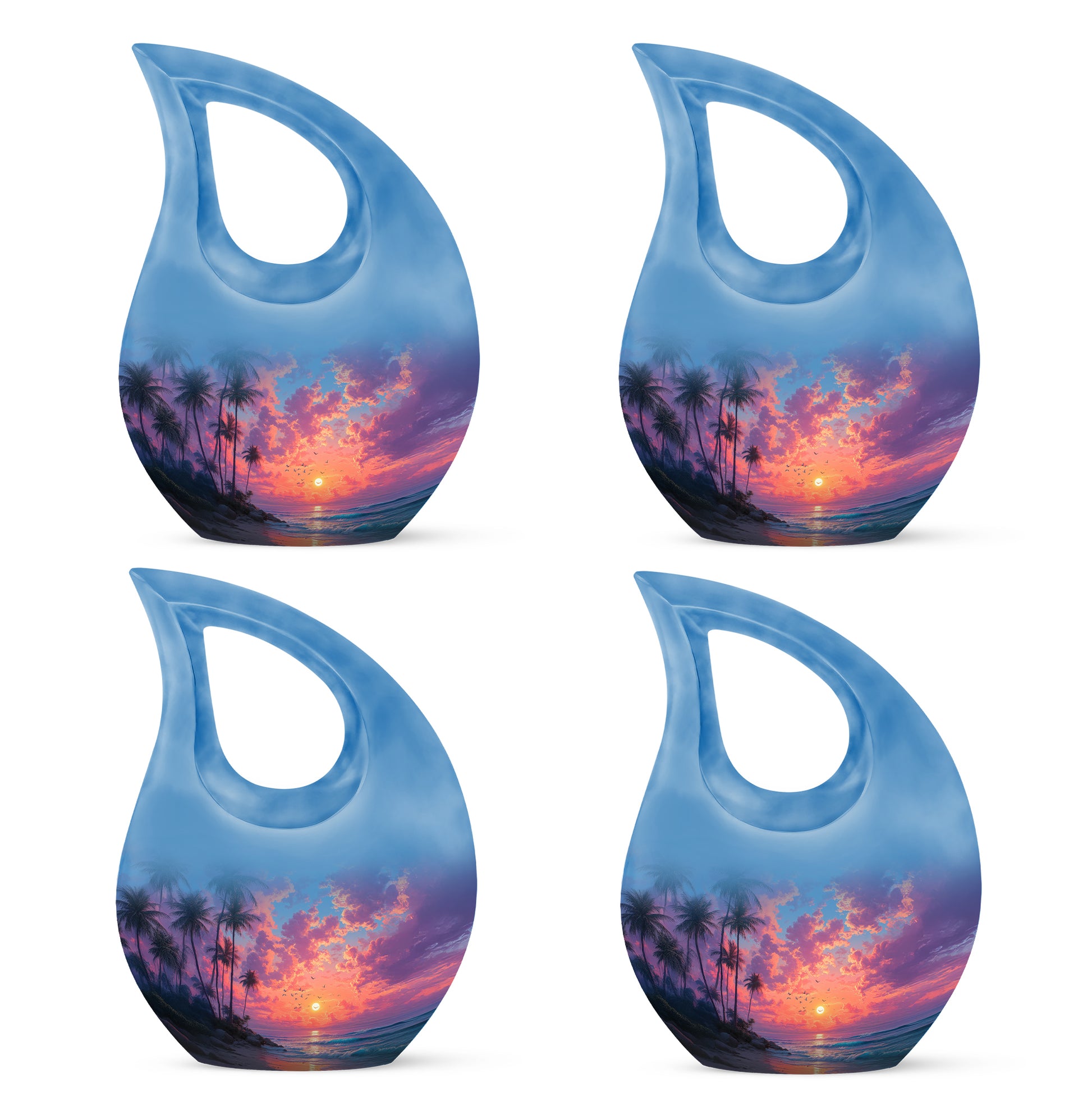 Vivid Blue Beach Cremation Urn lifestyle display on memorial shelf - faith-inspired cross-drop urn with beach pattern - 10 inch aluminum urn for cremated remains
