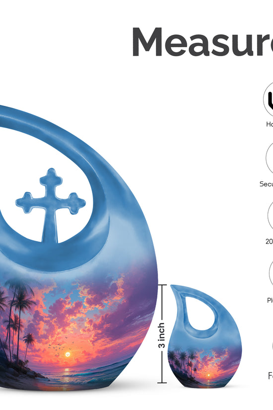 Vivid Blue Beach Cremation Urn back view with polished surface - devotional cross-drop beach engraving - mini keepsake memorial for portion of cremation ashes