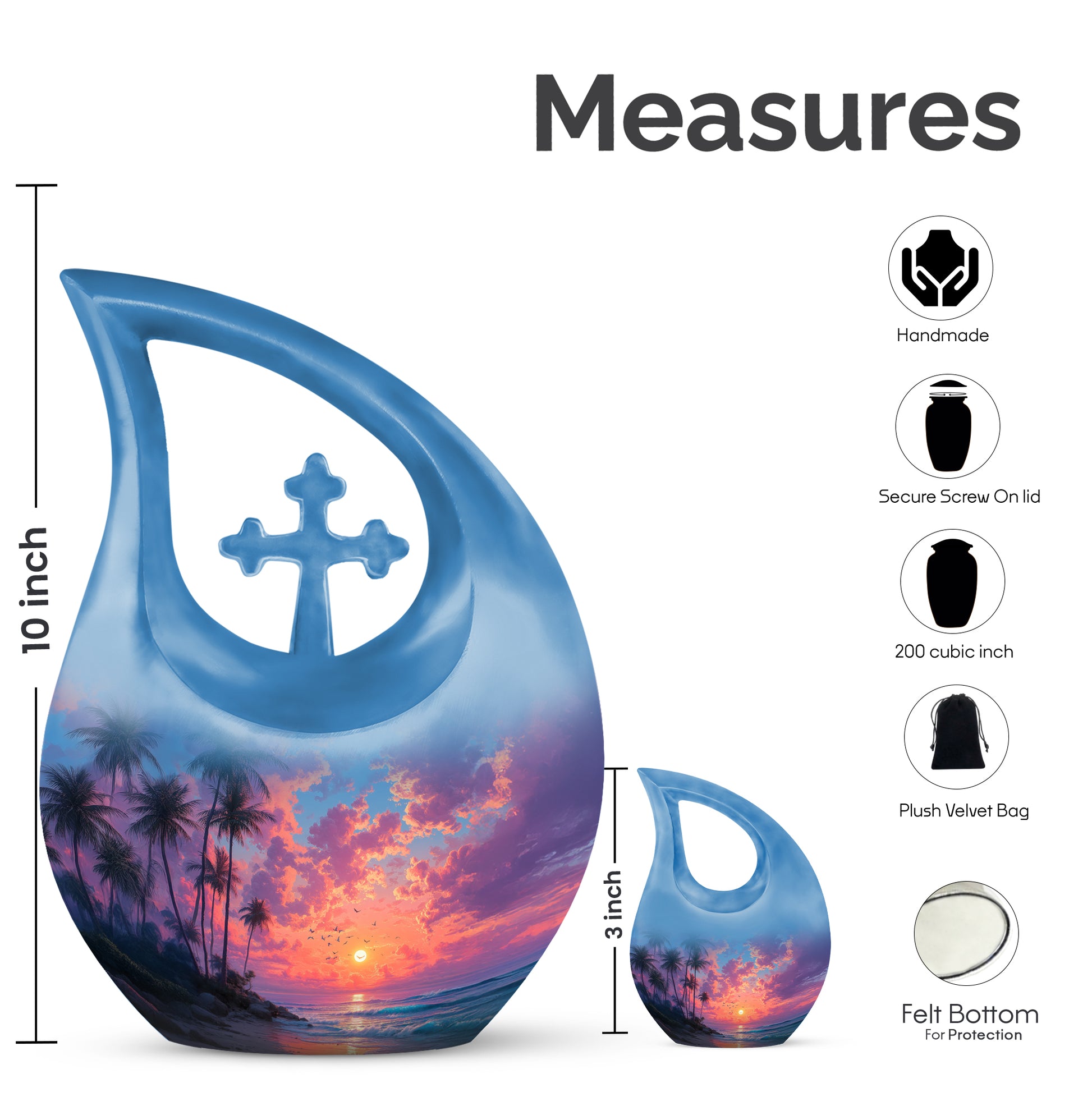 Vivid Blue Beach Cremation Urn back view with polished surface - devotional cross-drop beach engraving - mini keepsake memorial for portion of cremation ashes