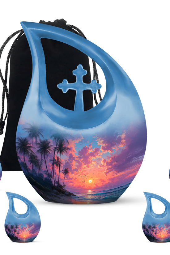 Dusty Blue Beach Cremation Urn urn with complimentary velvet bag - cross and beach combined in spiritual memorial design - memorial set with one large and four small urns