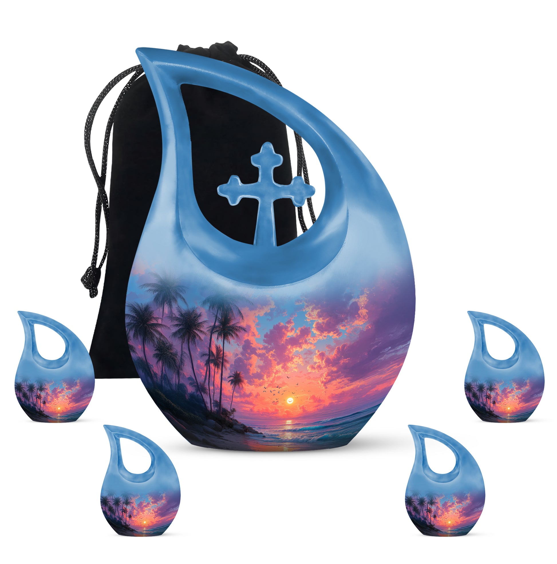Dusty Blue Beach Cremation Urn urn with complimentary velvet bag - cross and beach combined in spiritual memorial design - memorial set with one large and four small urns