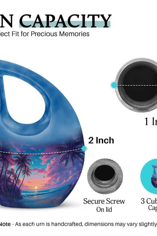 Twilight Blue Beach Cremation Urn back view with polished surface - faith-inspired cross-drop urn with beach pattern - mini keepsake memorial for portion of cremation ashes