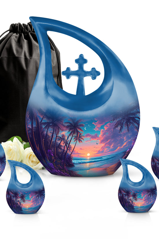Twilight Blue Beach Cremation Urn urn with complimentary velvet bag - devotional cross-drop beach engraving - memorial set with one large and four small urns