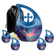 Twilight Blue Beach Cremation Urn urn with complimentary velvet bag - devotional cross-drop beach engraving - memorial set with one large and four small urns