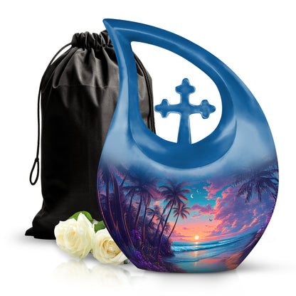 Slate Blue Beach Cremation Urn top-down view of secure threaded lid - sacred cross merged with beach motif on metal - full-size 10 inch 200 cubic inch adult cremation urn
