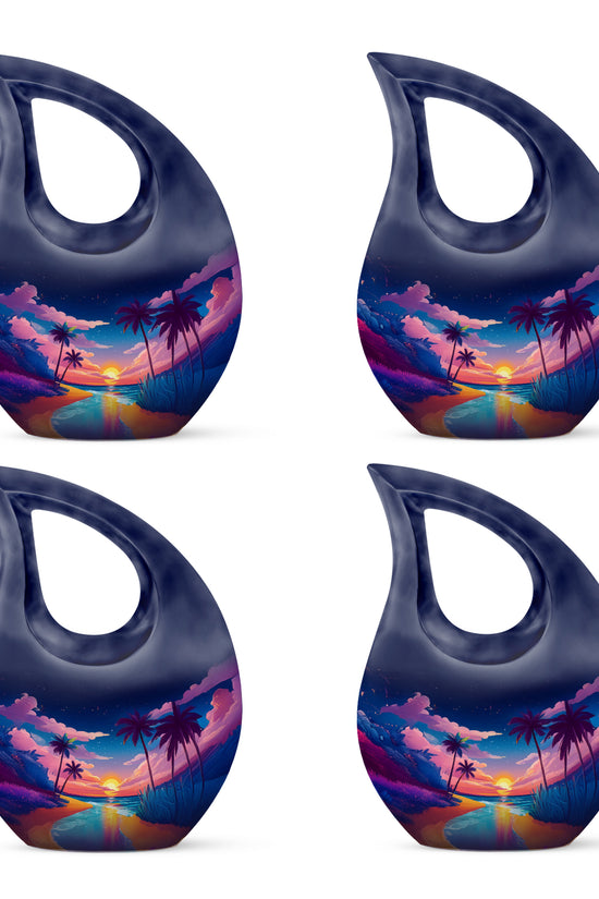 Indigo Beach Cremation Urn lifestyle display on memorial shelf - sacred cross merged with beach motif on metal - 10 inch aluminum urn for cremated remains