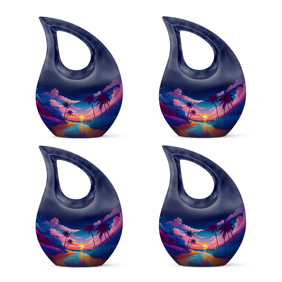 Indigo Beach Cremation Urn lifestyle display on memorial shelf - sacred cross merged with beach motif on metal - 10 inch aluminum urn for cremated remains