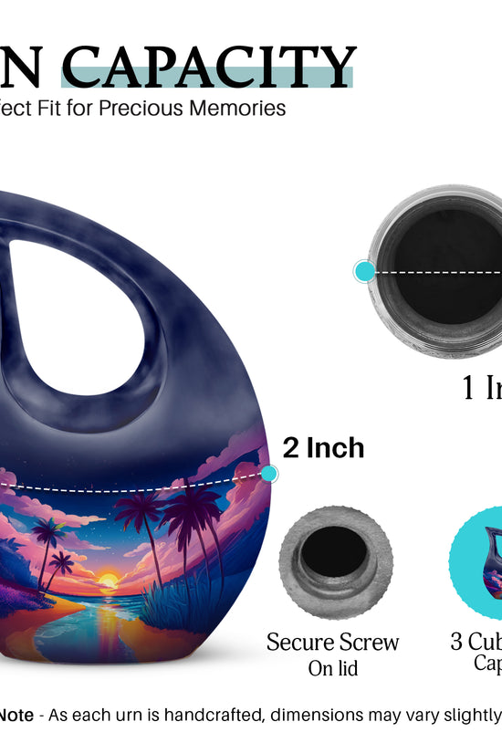 Sapphire Blue Beach Cremation Urn back view with polished surface - devotional cross-drop beach engraving - mini keepsake memorial for portion of cremation ashes