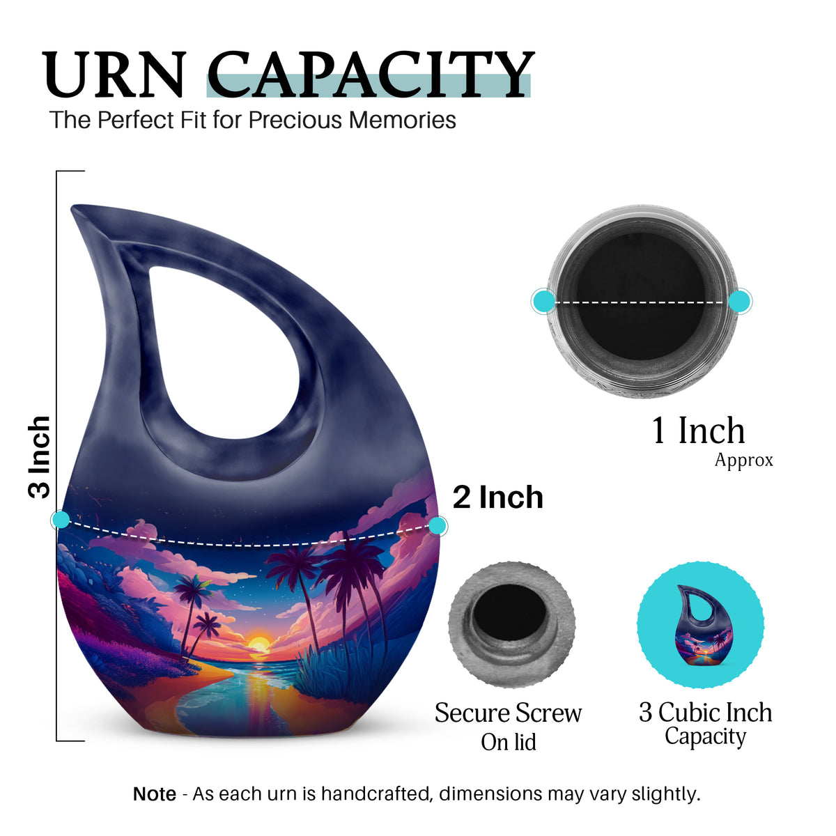Sapphire Blue Beach Cremation Urn back view with polished surface - devotional cross-drop beach engraving - mini keepsake memorial for portion of cremation ashes