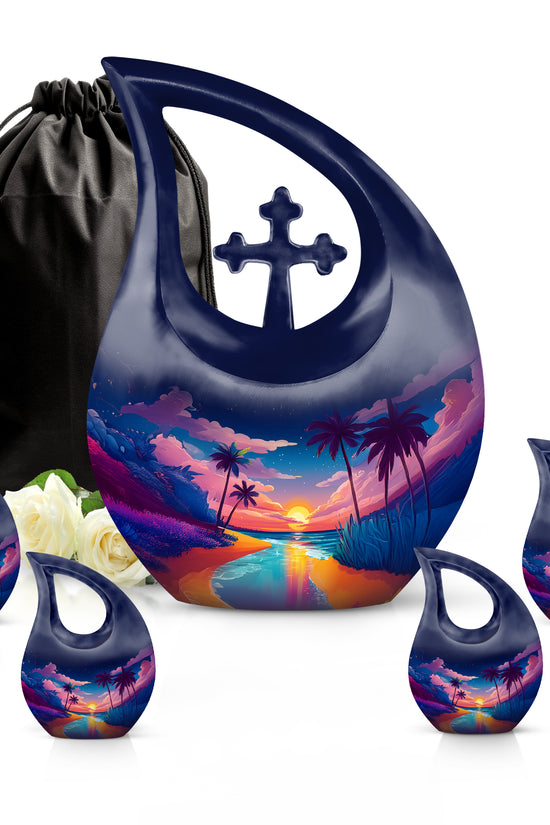 Cobalt Blue Beach Cremation Urn urn with complimentary velvet bag - devotional cross-drop beach engraving - memorial set with one large and four small urns