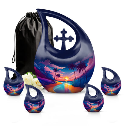 Cobalt Blue Beach Cremation Urn urn with complimentary velvet bag - devotional cross-drop beach engraving - memorial set with one large and four small urns
