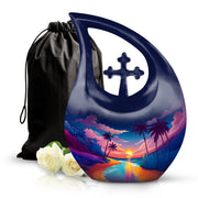 Serene Blue Beach Cremation Urn top-down view of secure threaded lid - devotional cross-drop beach engraving - full-size 10 inch 200 cubic inch adult cremation urn