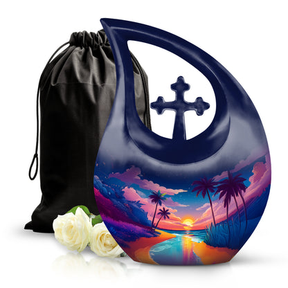 Serene Blue Beach Cremation Urn top-down view of secure threaded lid - devotional cross-drop beach engraving - full-size 10 inch 200 cubic inch adult cremation urn