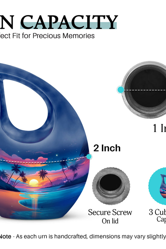Cornflower Blue Beach Cremation Urn back view with polished surface - faith-inspired cross-drop urn with beach pattern - mini keepsake memorial for portion of cremation ashes